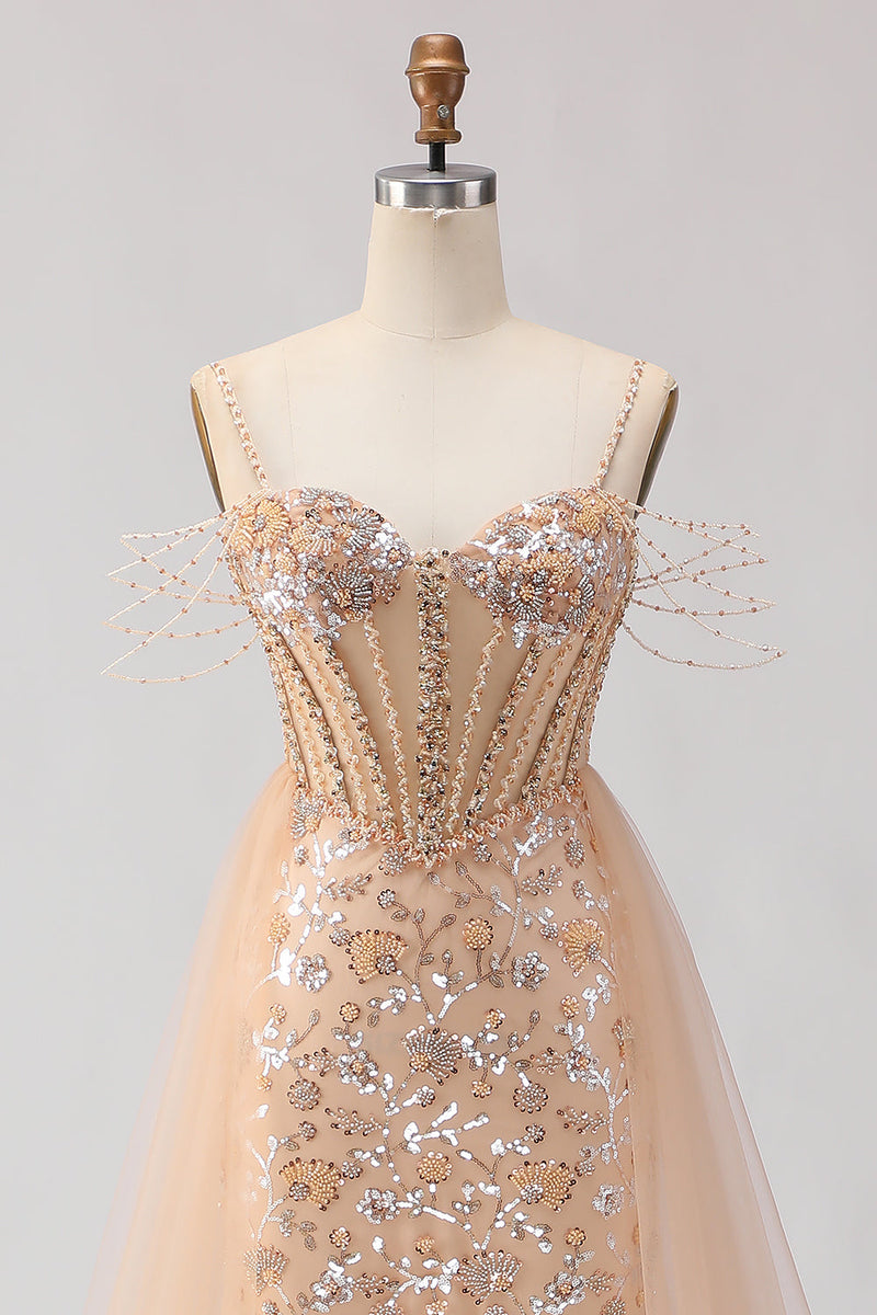 Load image into Gallery viewer, Sparkly Floral Champagne Beaded Tulle Long Corset Prom Dress