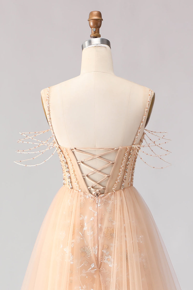 Load image into Gallery viewer, Sparkly Floral Champagne Beaded Tulle Long Corset Prom Dress