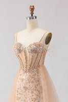 Load image into Gallery viewer, Sparkly Floral Champagne Beaded Tulle Long Corset Prom Dress
