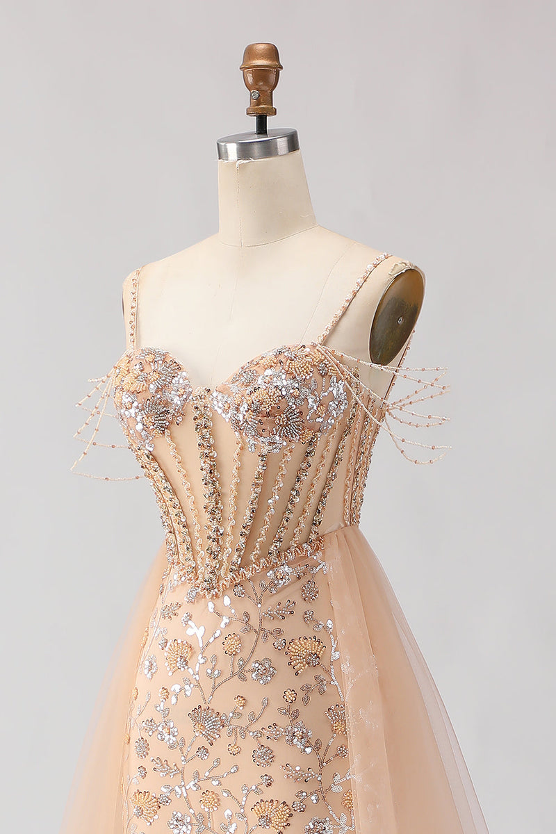 Load image into Gallery viewer, Sparkly Floral Champagne Beaded Tulle Long Corset Prom Dress