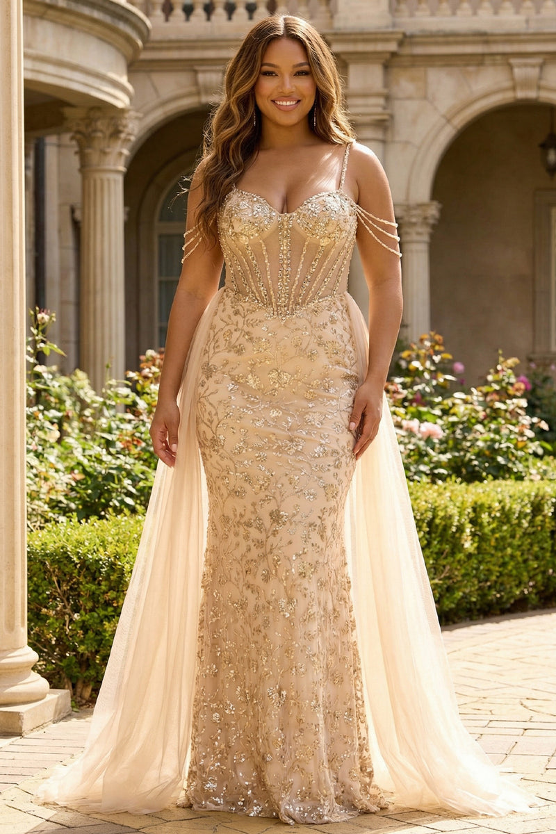 Load image into Gallery viewer, Sparkly Floral Plus Size Champagne Tulle Beaded Long Corset Prom Dress