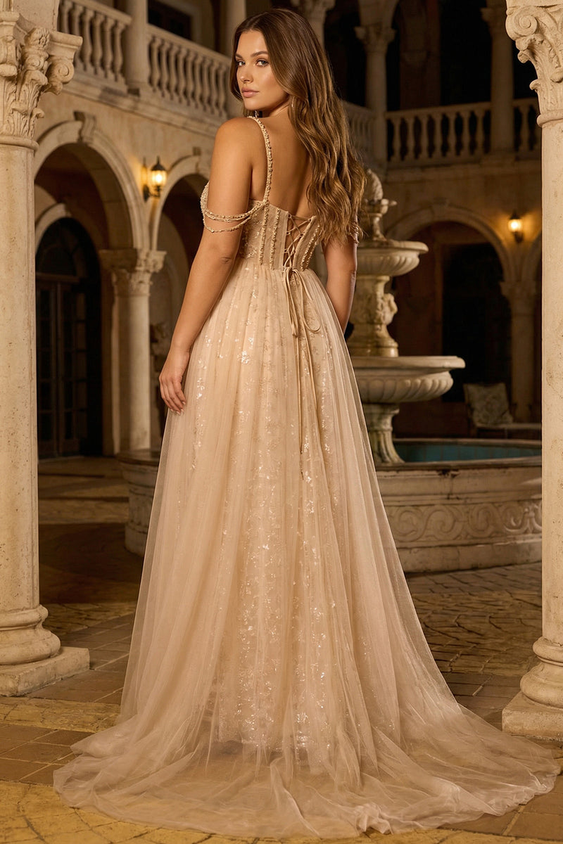 Load image into Gallery viewer, Sparkly Floral Plus Size Champagne Tulle Beaded Long Corset Prom Dress