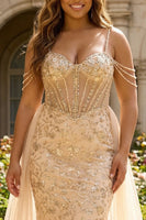 Load image into Gallery viewer, Sparkly Floral Plus Size Champagne Tulle Beaded Long Corset Prom Dress