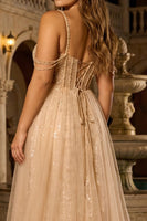 Load image into Gallery viewer, Sparkly Floral Plus Size Champagne Tulle Beaded Long Corset Prom Dress