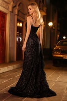 Load image into Gallery viewer, Sparkly Black Beaded Mermaid Long Corset Prom Dress with Ruffles