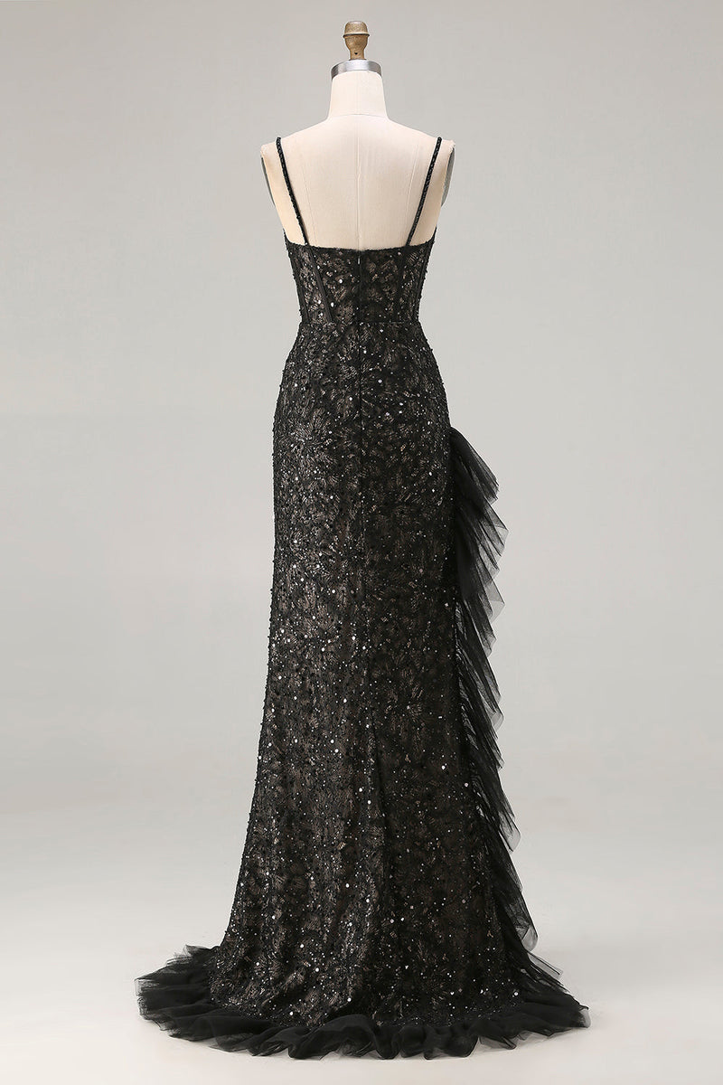 Load image into Gallery viewer, Sparkly Black Beaded Mermaid Long Corset Prom Dress with Ruffles