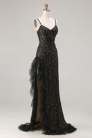 Load image into Gallery viewer, Sparkly Black Beaded Mermaid Long Corset Prom Dress with Ruffles