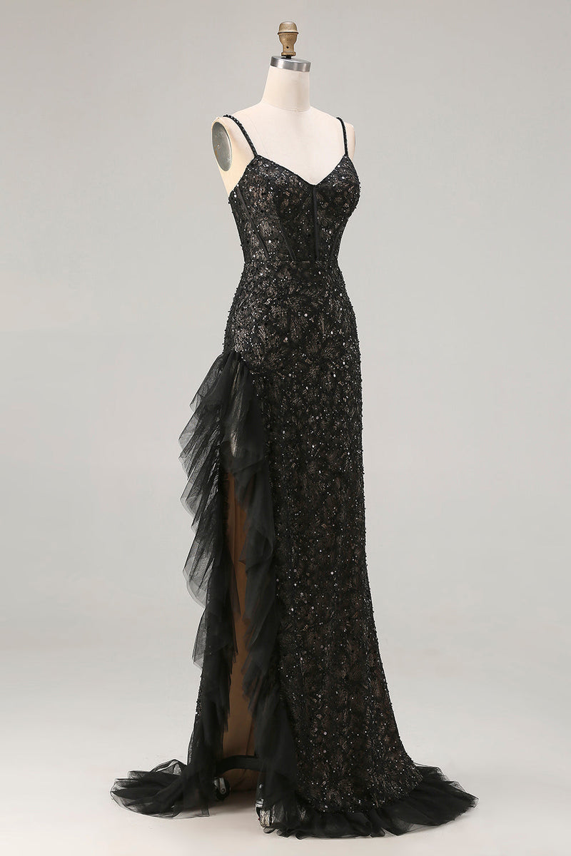 Load image into Gallery viewer, Sparkly Black Beaded Mermaid Long Corset Prom Dress with Ruffles