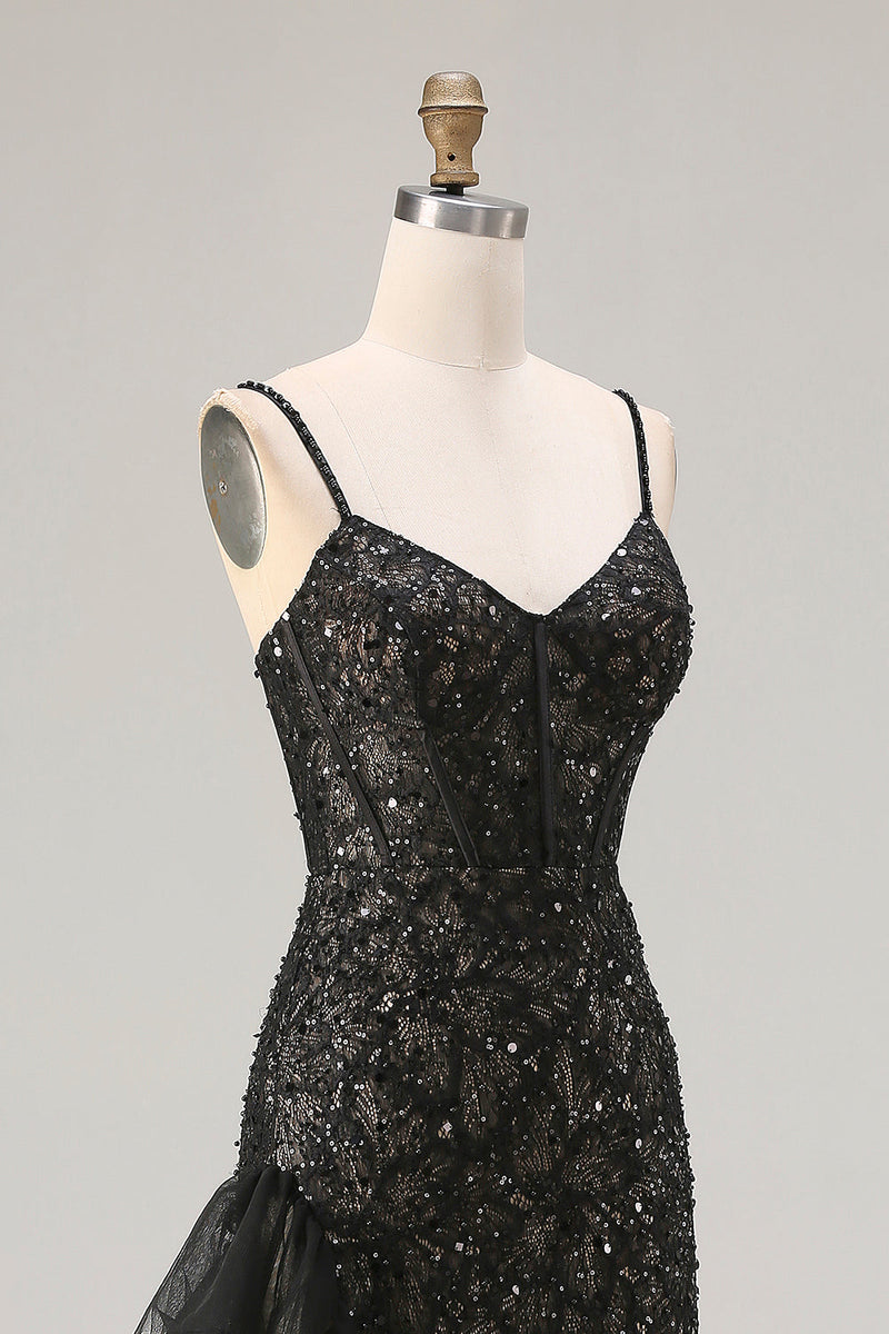 Load image into Gallery viewer, Sparkly Black Beaded Mermaid Long Corset Prom Dress with Ruffles