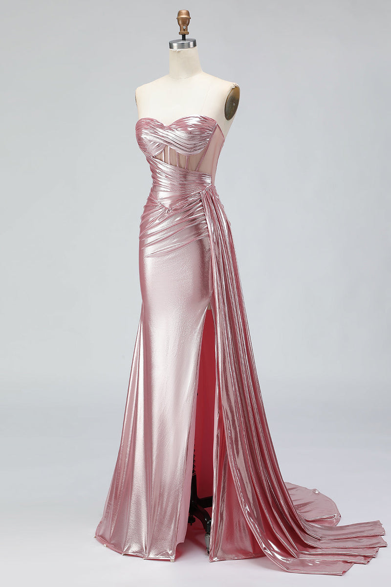 Load image into Gallery viewer, Sparkly Pink Strapless Mermaid Long Corset Prom Dress with Slit