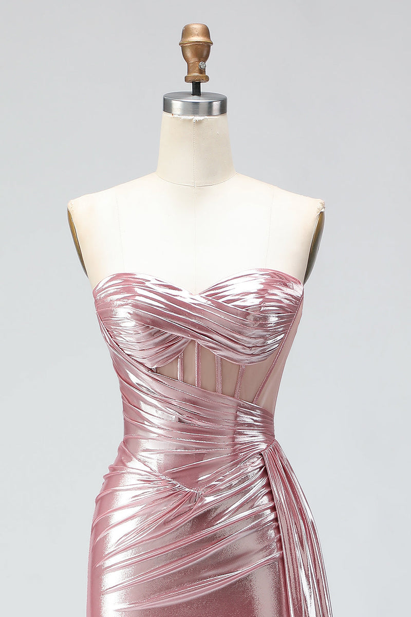 Load image into Gallery viewer, Sparkly Pink Strapless Mermaid Long Corset Prom Dress with Slit