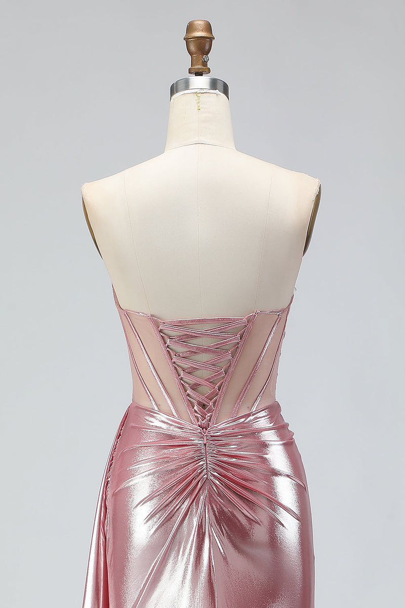 Load image into Gallery viewer, Sparkly Pink Strapless Mermaid Long Corset Prom Dress with Slit