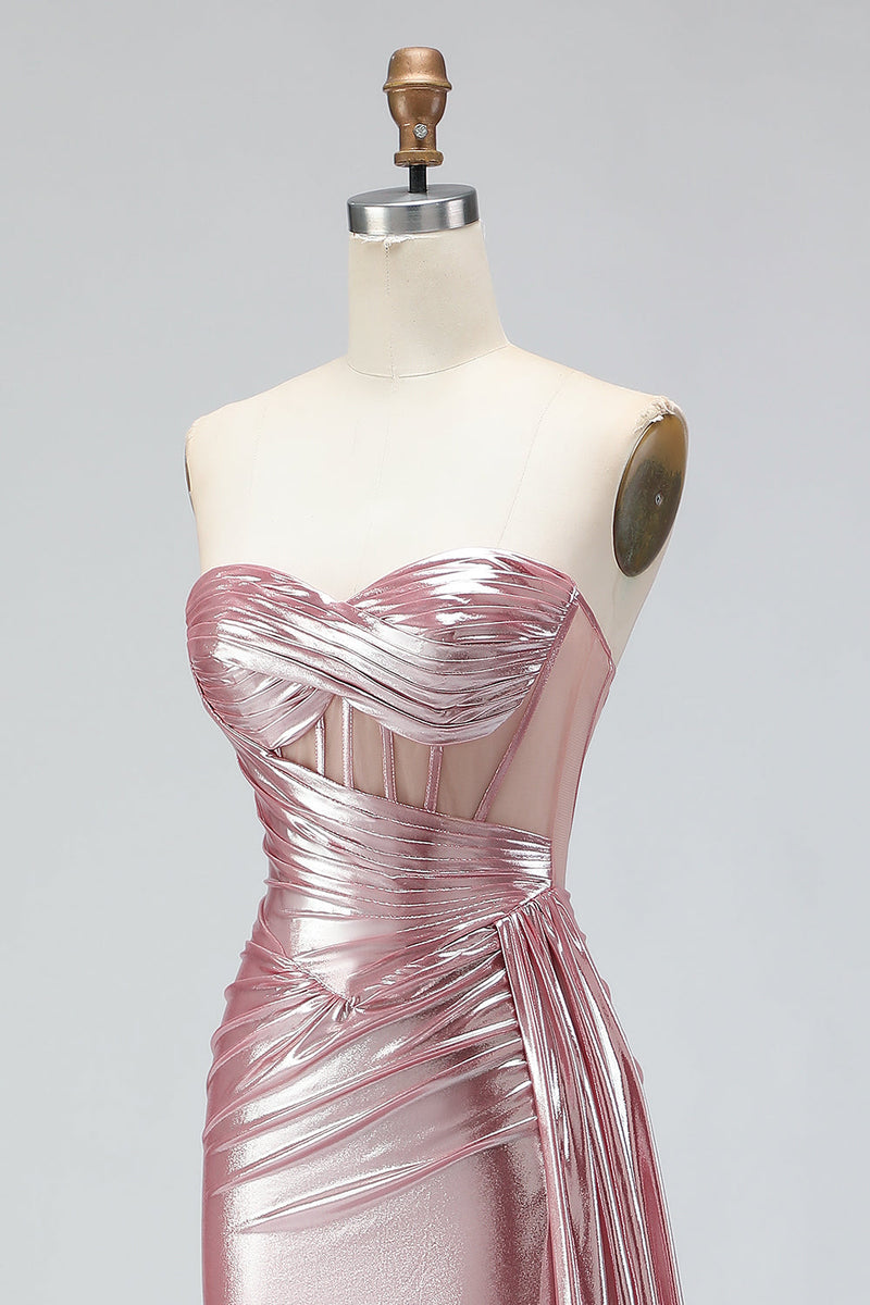 Load image into Gallery viewer, Sparkly Pink Strapless Mermaid Long Corset Prom Dress with Slit