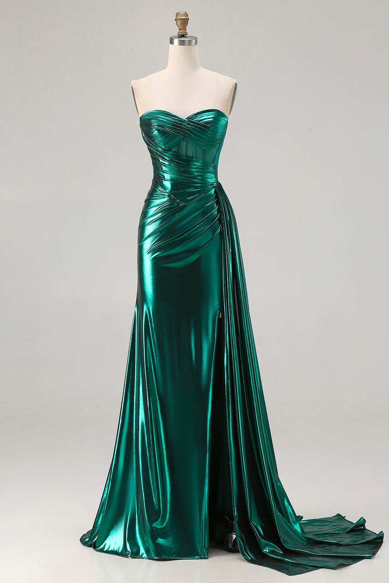 Load image into Gallery viewer, Sparkly Dark Green Ruched Mermaid Long Corset Prom Dress with Slit