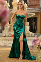 Load image into Gallery viewer, Sparkly Dark Green Ruched Mermaid Long Corset Prom Dress with Slit