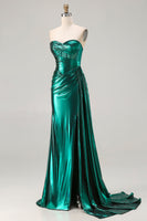 Load image into Gallery viewer, Sparkly Dark Green Ruched Mermaid Long Corset Prom Dress with Slit