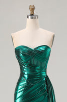 Load image into Gallery viewer, Sparkly Dark Green Ruched Mermaid Long Corset Prom Dress with Slit