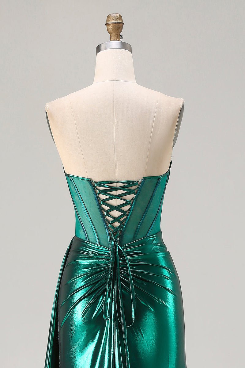 Load image into Gallery viewer, Sparkly Dark Green Ruched Mermaid Long Corset Prom Dress with Slit