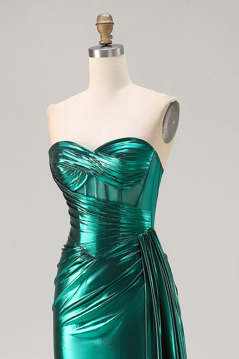 Load image into Gallery viewer, Sparkly Dark Green Ruched Mermaid Long Corset Prom Dress with Slit