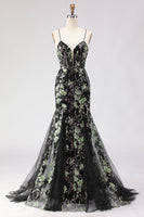 Load image into Gallery viewer, Sparkly Floral Black Spaghetti Straps Beaded Long Corset Prom Dress