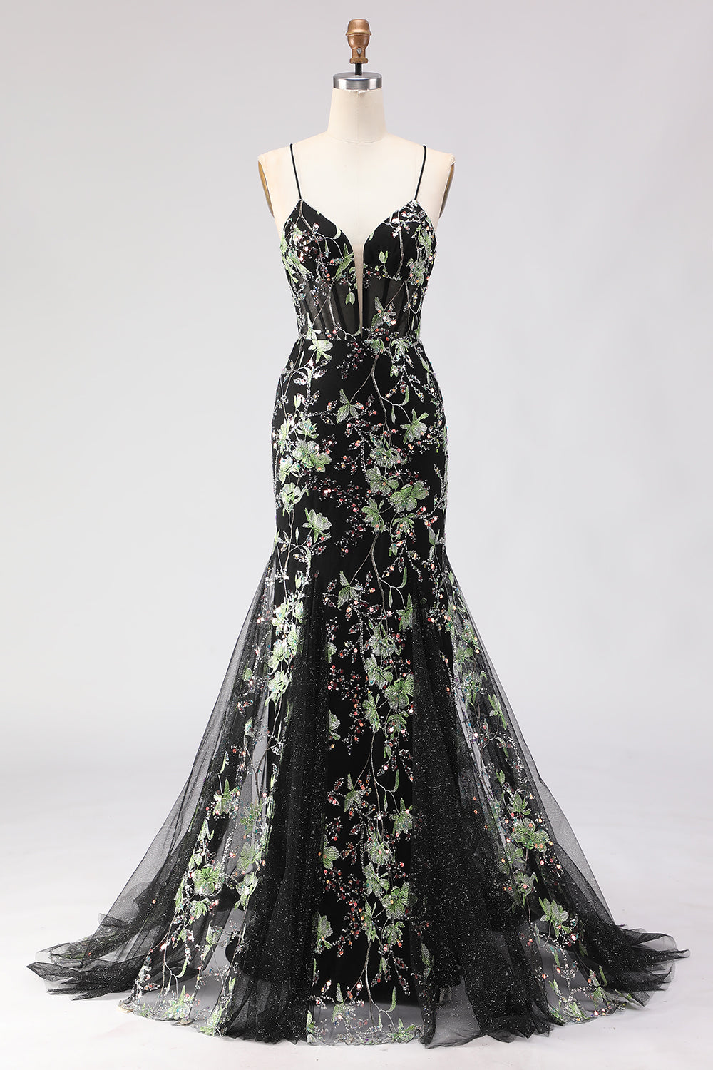 Sparkly Floral Black Spaghetti Straps Beaded Long Corset Prom Dress