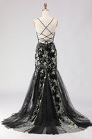 Load image into Gallery viewer, Sparkly Floral Black Spaghetti Straps Beaded Long Corset Prom Dress