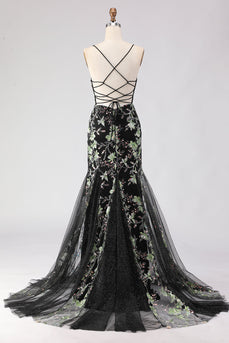 Sparkly Floral Black Spaghetti Straps Beaded Long Corset Prom Dress
