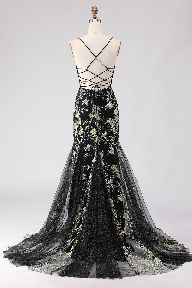 Load image into Gallery viewer, Sparkly Floral Black Spaghetti Straps Beaded Long Corset Prom Dress