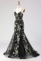 Load image into Gallery viewer, Sparkly Floral Black Spaghetti Straps Beaded Long Corset Prom Dress