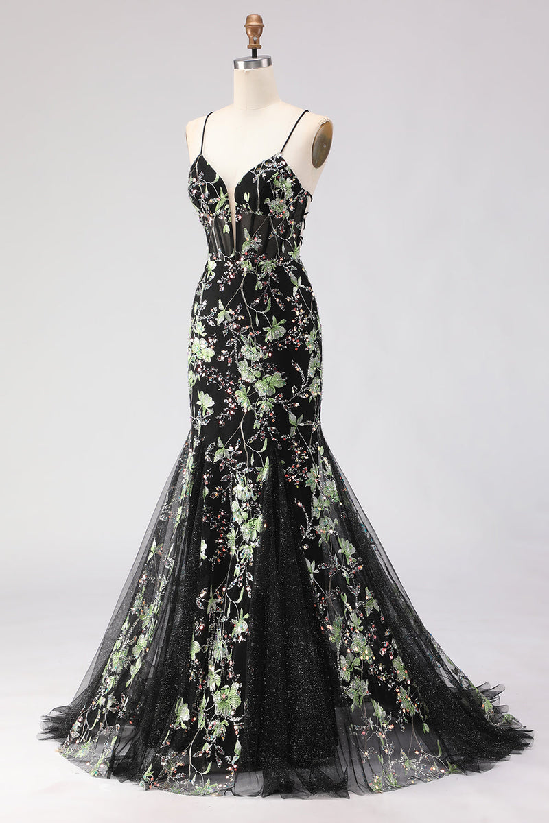Load image into Gallery viewer, Sparkly Floral Black Spaghetti Straps Beaded Long Corset Prom Dress