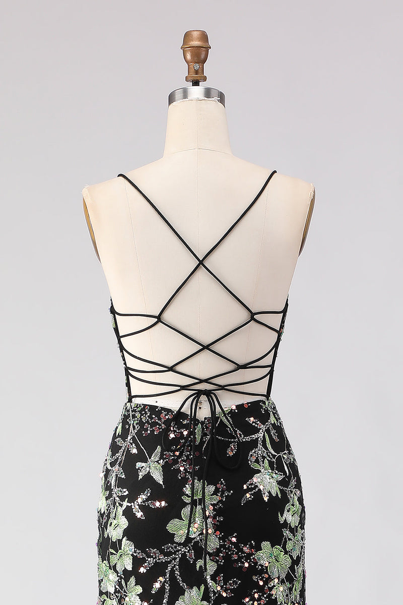 Load image into Gallery viewer, Sparkly Floral Black Spaghetti Straps Beaded Long Corset Prom Dress