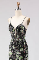 Load image into Gallery viewer, Sparkly Floral Black Spaghetti Straps Beaded Long Corset Prom Dress