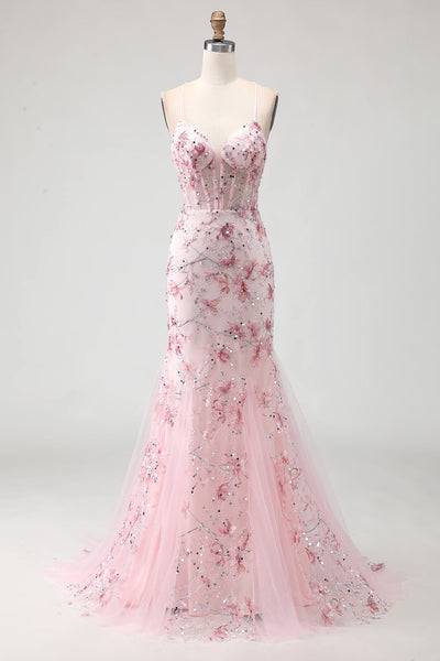 Sparkly Pink Beaded Spaghetti Straps Mermaid Floral Corset Long Prom Dress