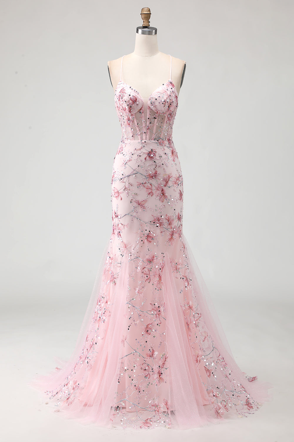 Sparkly Pink Beaded Spaghetti Straps Mermaid Floral Corset Long Prom Dress