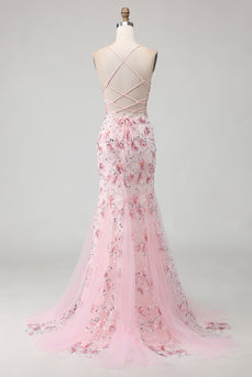 Sparkly Pink Beaded Spaghetti Straps Mermaid Floral Corset Long Prom Dress