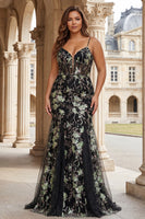 Load image into Gallery viewer, Sparkly Floral Black Plus Size Corset Spaghetti Straps Beaded Long Prom Dress