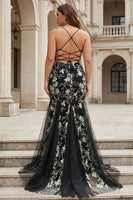 Load image into Gallery viewer, Sparkly Floral Black Plus Size Corset Spaghetti Straps Beaded Long Prom Dress