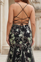 Load image into Gallery viewer, Sparkly Floral Black Plus Size Corset Spaghetti Straps Beaded Long Prom Dress