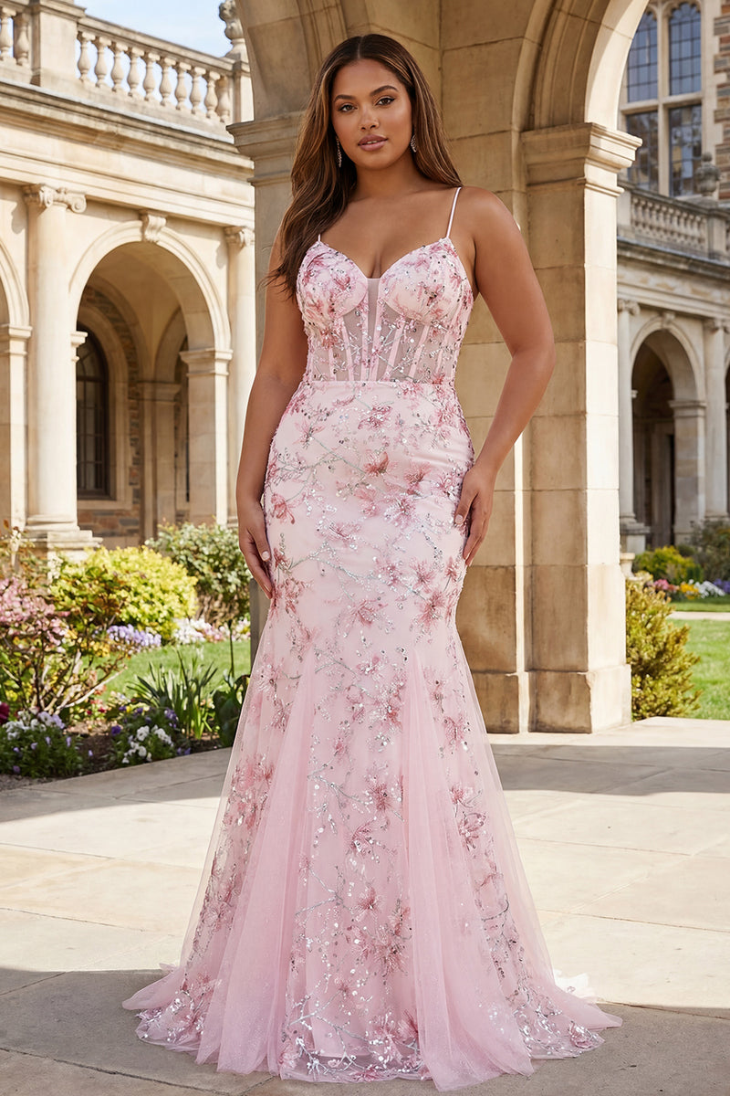 Load image into Gallery viewer, Sparkly Floral Black Plus Size Corset Spaghetti Straps Beaded Long Prom Dress