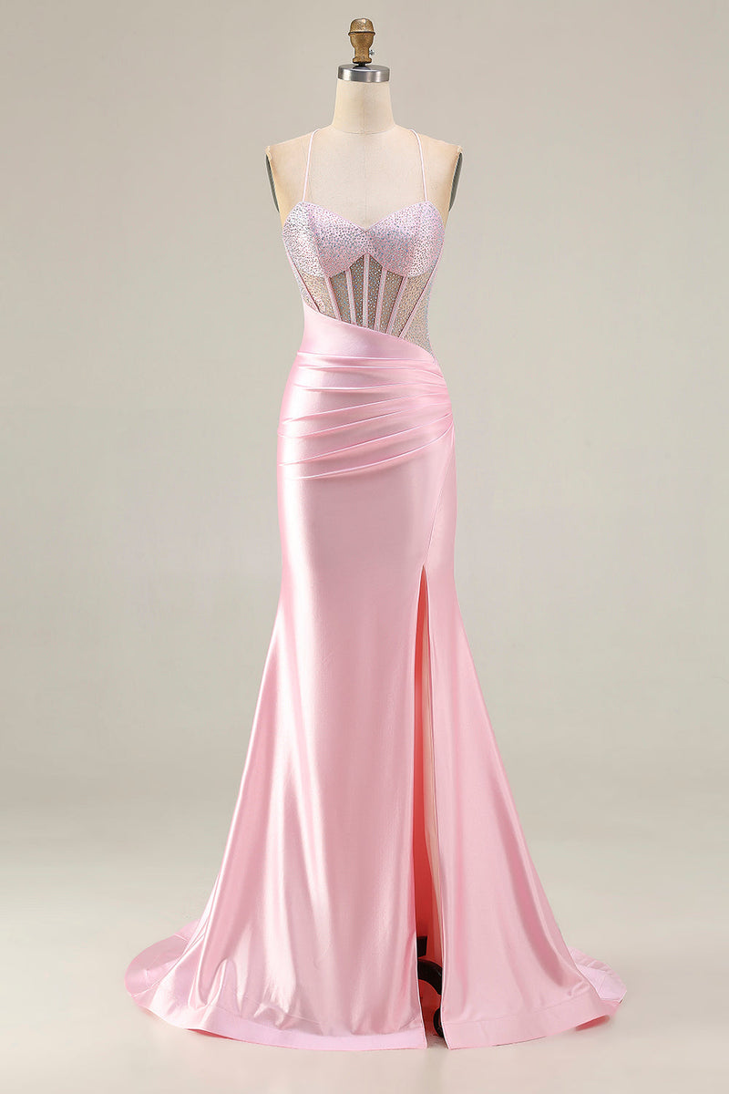 Load image into Gallery viewer, Sparkly Pink Mermaid Long Corset Prom Dress with Slit