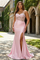 Load image into Gallery viewer, Sparkly Pink Plus Size Mermaid Corset Long Prom Dress with Slit