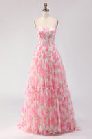 Load image into Gallery viewer, Floral Pink Chiffon A-Line Long Corset Prom Dress with Ruffles