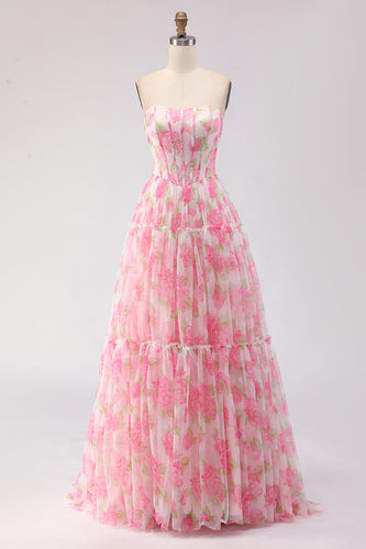 Floral Pink Chiffon A-Line Long Corset Prom Dress with Ruffles