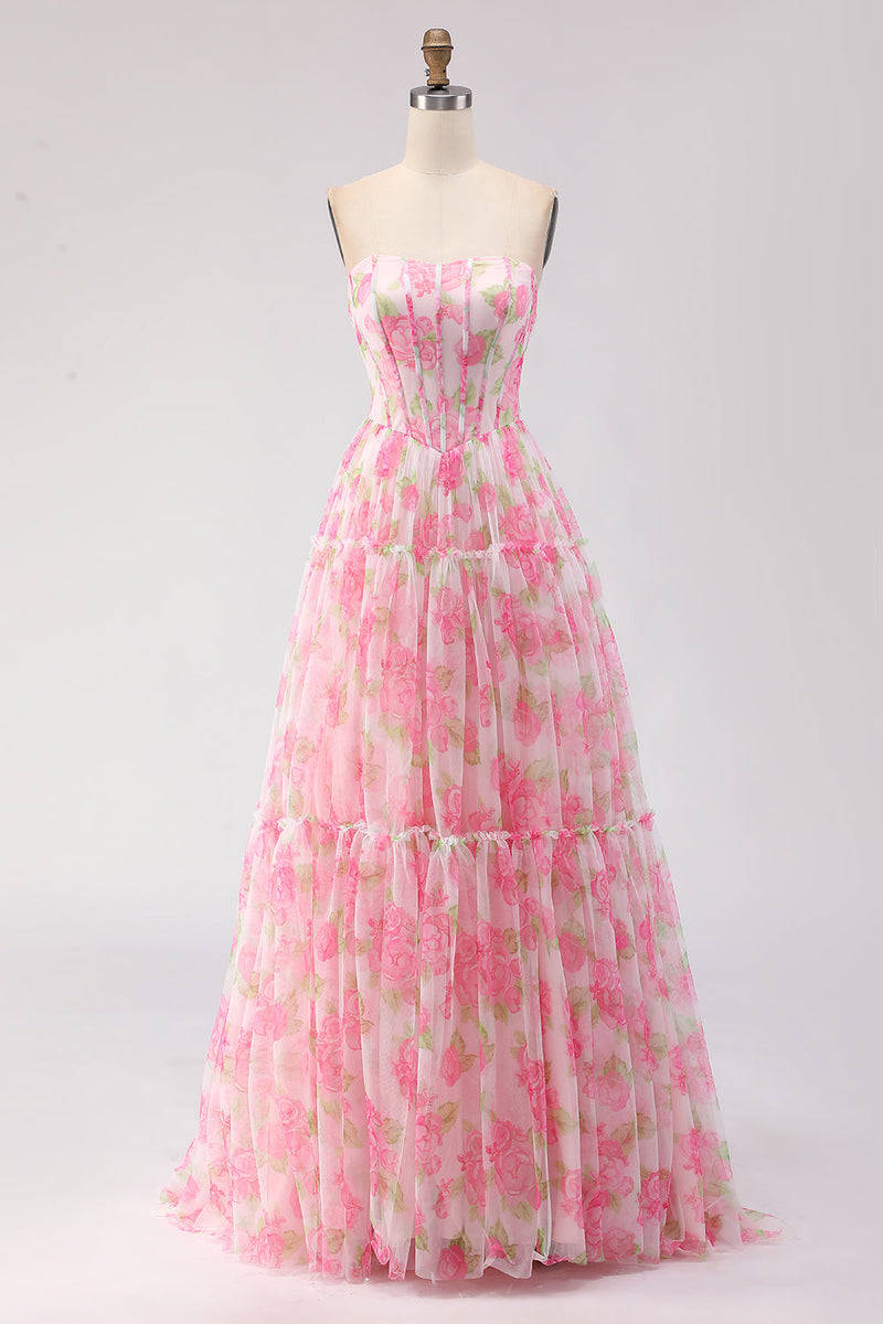 Load image into Gallery viewer, Floral Pink Chiffon A-Line Long Corset Prom Dress with Ruffles