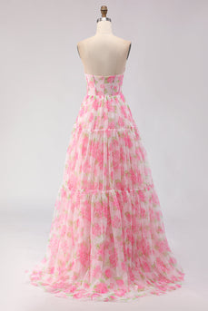 Floral Pink Chiffon A-Line Long Corset Prom Dress with Ruffles