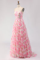 Load image into Gallery viewer, Floral Pink Chiffon A-Line Long Corset Prom Dress with Ruffles