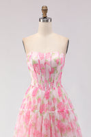 Load image into Gallery viewer, Floral Pink Chiffon A-Line Long Corset Prom Dress with Ruffles