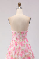 Load image into Gallery viewer, Floral Pink Chiffon A-Line Long Corset Prom Dress with Ruffles