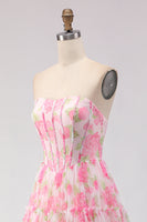 Load image into Gallery viewer, Floral Pink Chiffon A-Line Long Corset Prom Dress with Ruffles