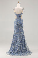 Load image into Gallery viewer, Sparkly Dusty Blue Cut Out Beaded Floral Long Prom Dress with Slit